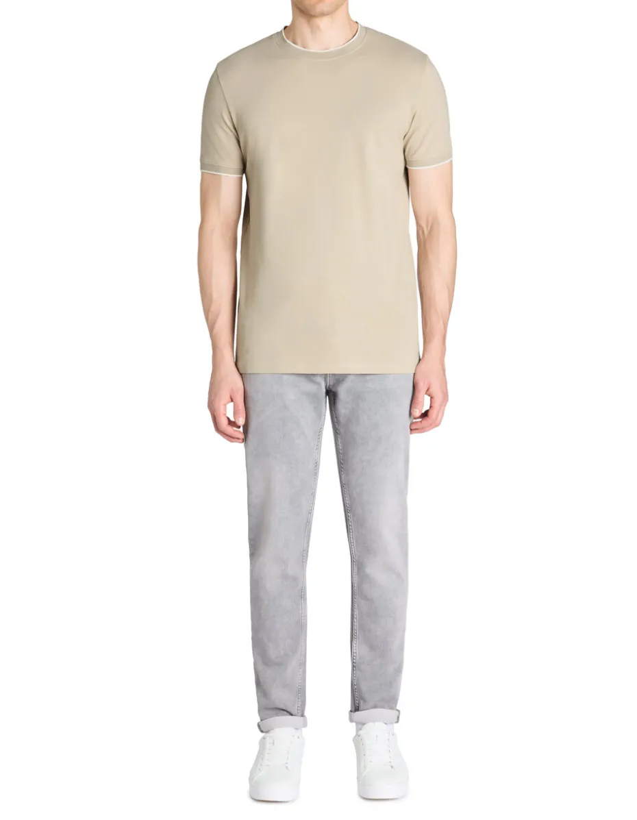 T-shirt rechte ronde hals 100% katoen stretch - beige