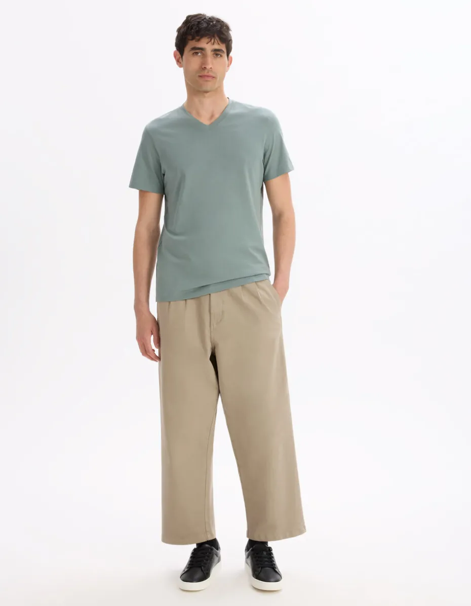 T-shirt regular col v 100% katoen - vert de gris