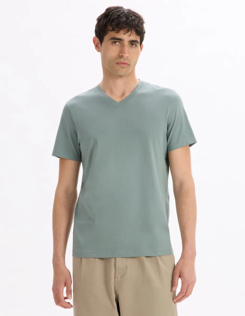 T-shirt regular col v 100% katoen - vert de gris