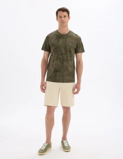 T-shirt regular fit ronde hals 100% katoen gebloemd - Kaki