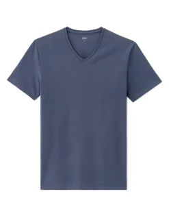 T-shirt slim fit met V-hals van stretchkatoen - blauwgrijs