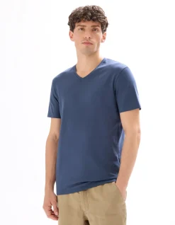 T-shirt slim fit met V-hals van stretchkatoen - blauwgrijs