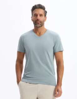 T-shirt slim V-hals 100% katoen stretch - groen