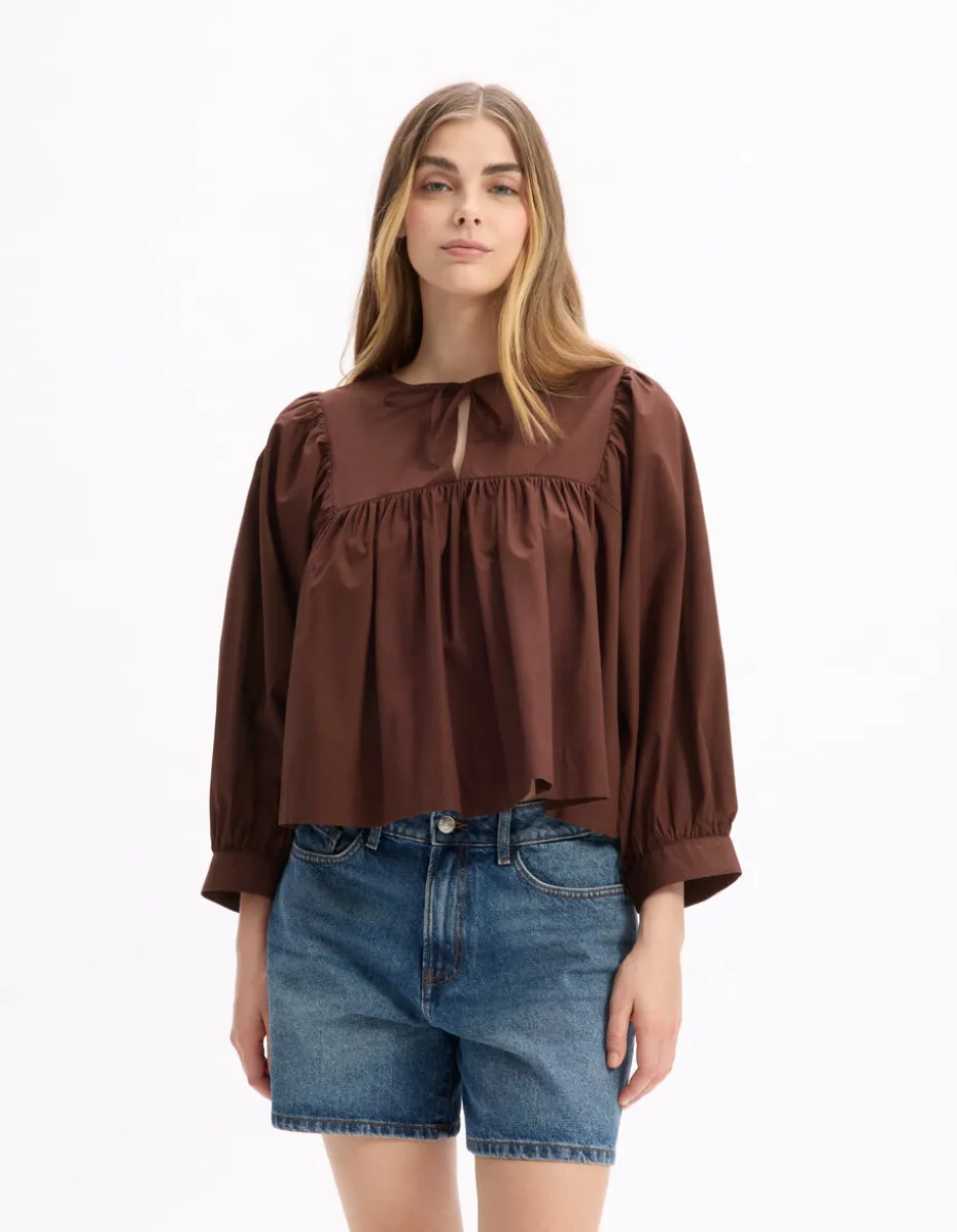 Tunesische halslijn katoenen blouse - bruin