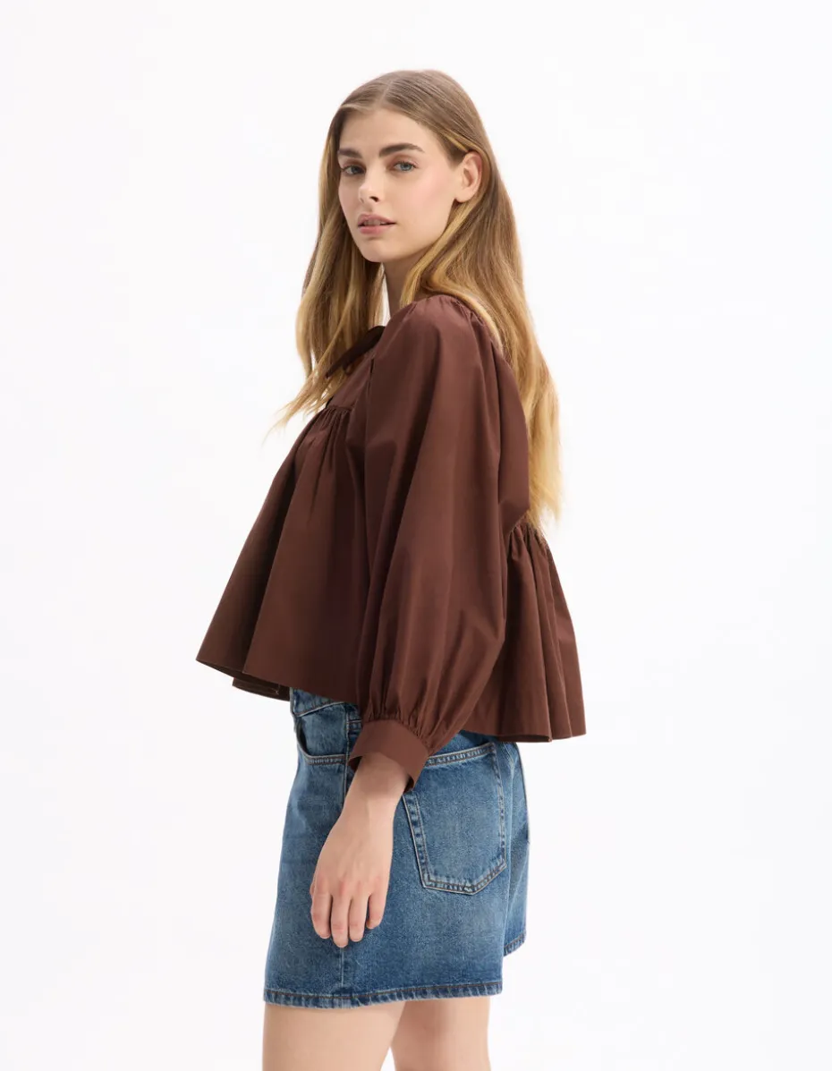Tunesische halslijn katoenen blouse - bruin