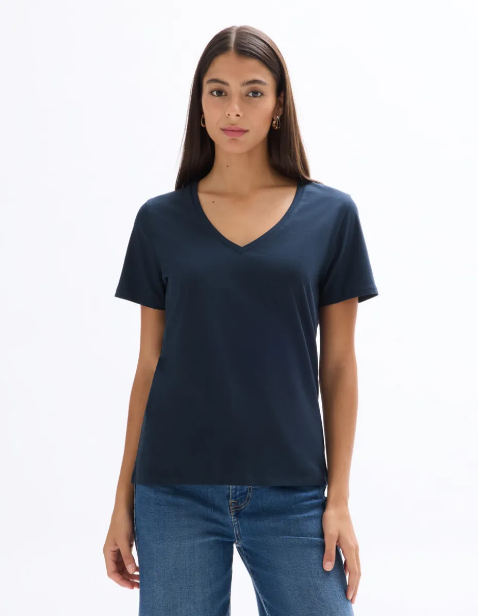 V-hals katoenen t-shirt - marineblauw