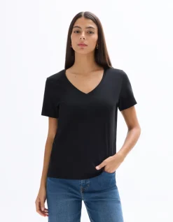 V-hals katoenen t-shirt - zwart