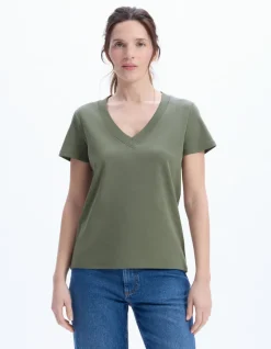 Zacht katoenen V-hals t-shirt - kaki