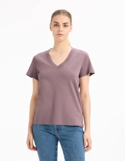Zacht katoenen V-hals T-shirt - paars