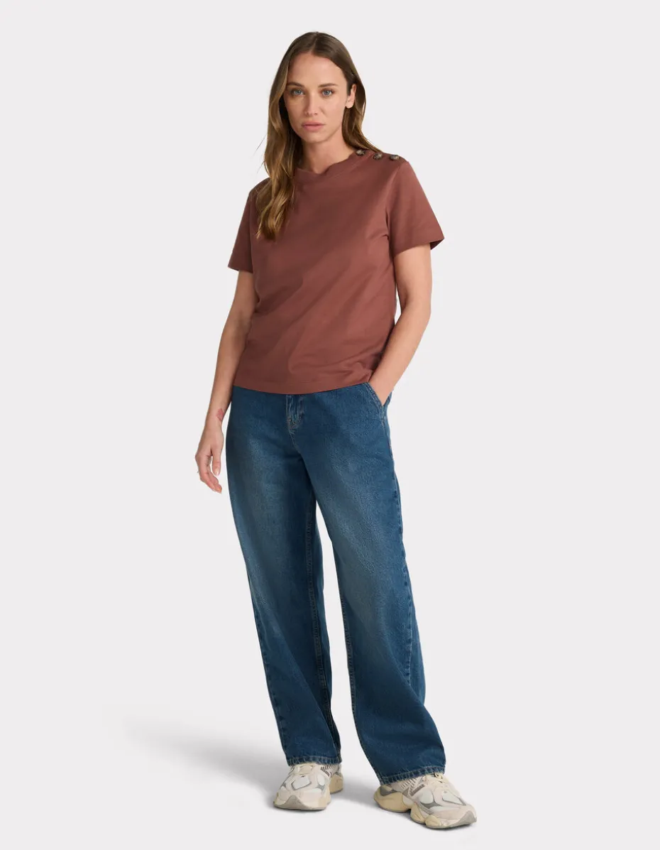 Zwaar katoenen T-shirt met knoopjes - bordeauxrood