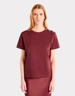 Zwaar katoenen T-shirt met knoopjes - bordeauxrood