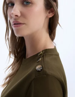 Zwaar katoenen T-shirt met knoopjes - donker laurier